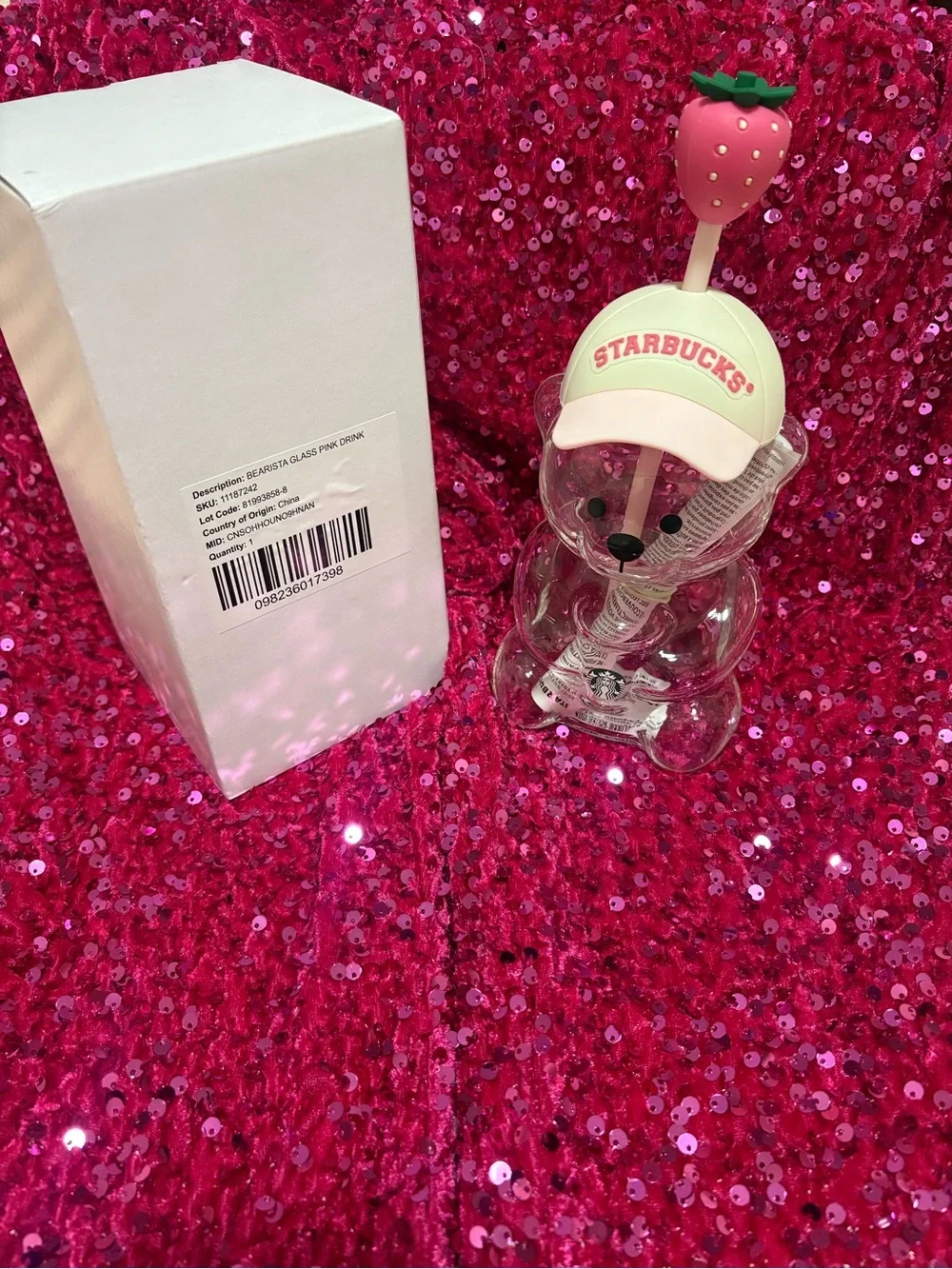 Starbucks Pink Bearista Glass Tumbler with Strawberry Top Straw